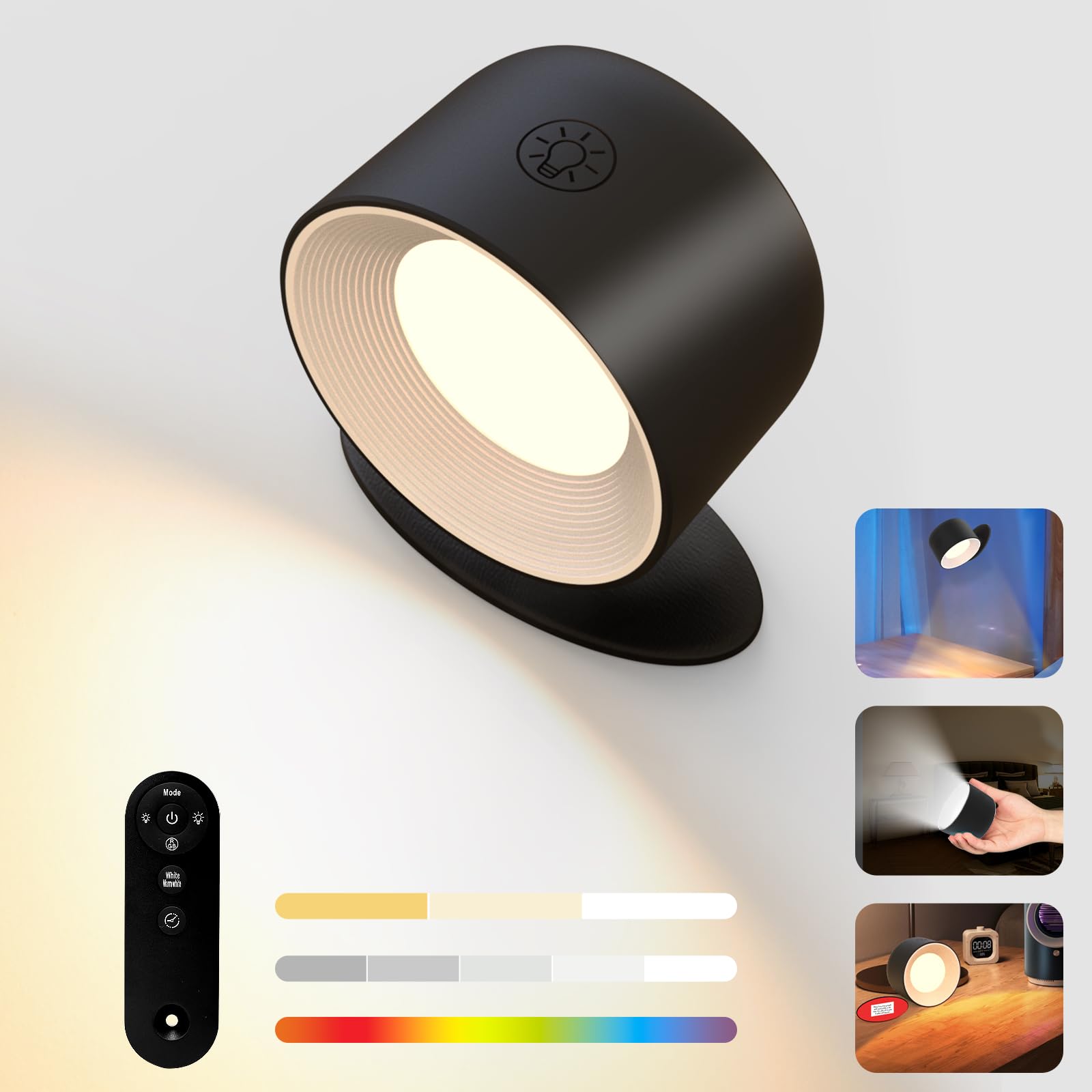 BNEHHOV Interior Wall Light Adhesive LED Light 3 Colour Temperatures 5 Levels of Brightness 6RGB 360° Rotation Touch and Remote Control Lamps Without Cables Rechargeable Wall Lamp (Black)