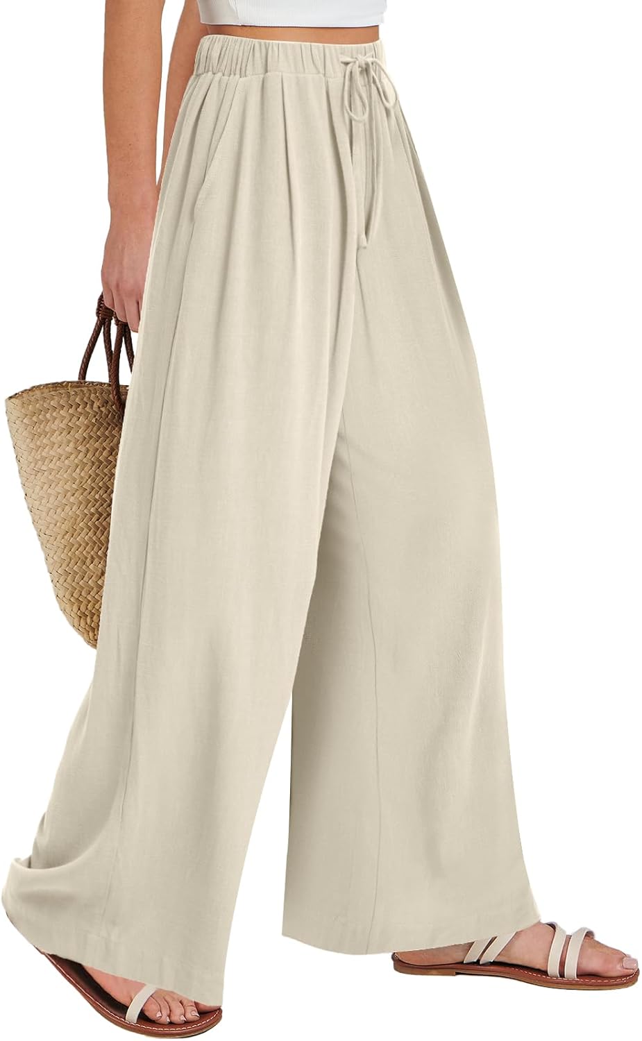 Bloggerlove Linen Palazzo Pants for Women Dressy Summer Wide Leg Flowy Pants Boho Linen Beach Trousers with Pockets - Image 2