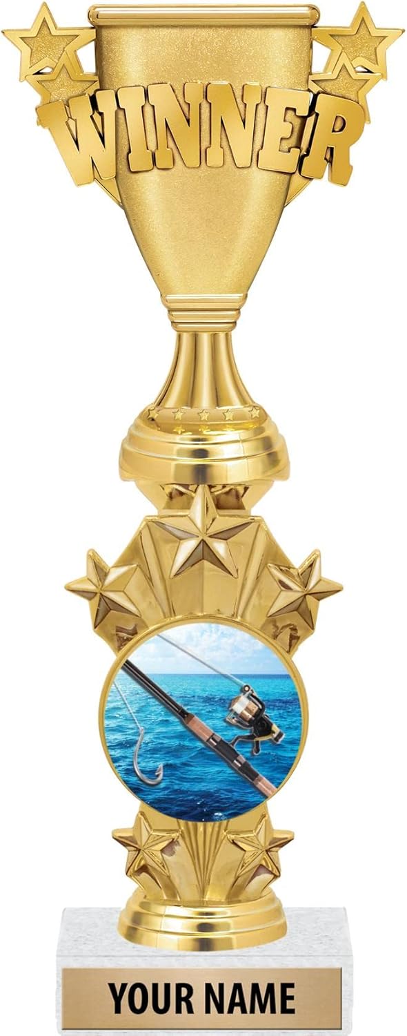 Crown Awards Personalized Winner Fishing Trophies - 10.5" Gold Fishing Rod Starburst Trophy Prime