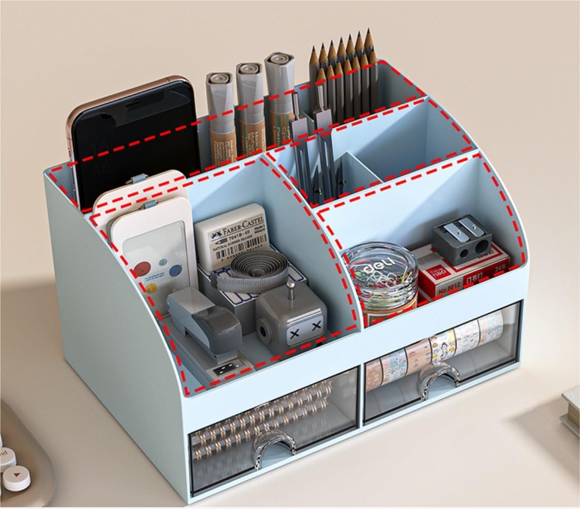 Organizzatore Scrivania Organizer da Scrivania E Accessori con 6 Scomparti 2 Cassetti Portapenne in Plastica per per Trucchi Ufficio(A)