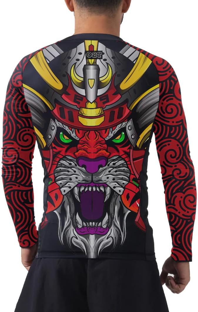 O2TEE Men's Tiger Samurai BJJ Rashguard Compression Shirt for Multi-Sport
