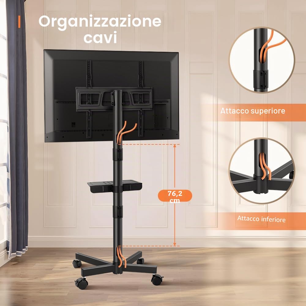 KKTONER Supporto TV Mobile Carrello con Ruote per 23-60 Pollici, Mobile Porta LCD/LED Piatto o Curvo, Altezza Regolabile, VESA Max 400x400mm, Portata 40KG