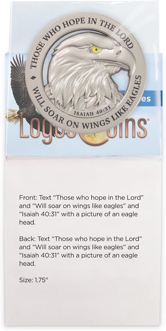 American Bald Eagle Challenge Coin Satin Silver Plated Christian Pocket Token For Eagle Scout Isaiah 40:31 Bible Study Supplies For Men Religious Concerns EDC Coin For Police Veterans