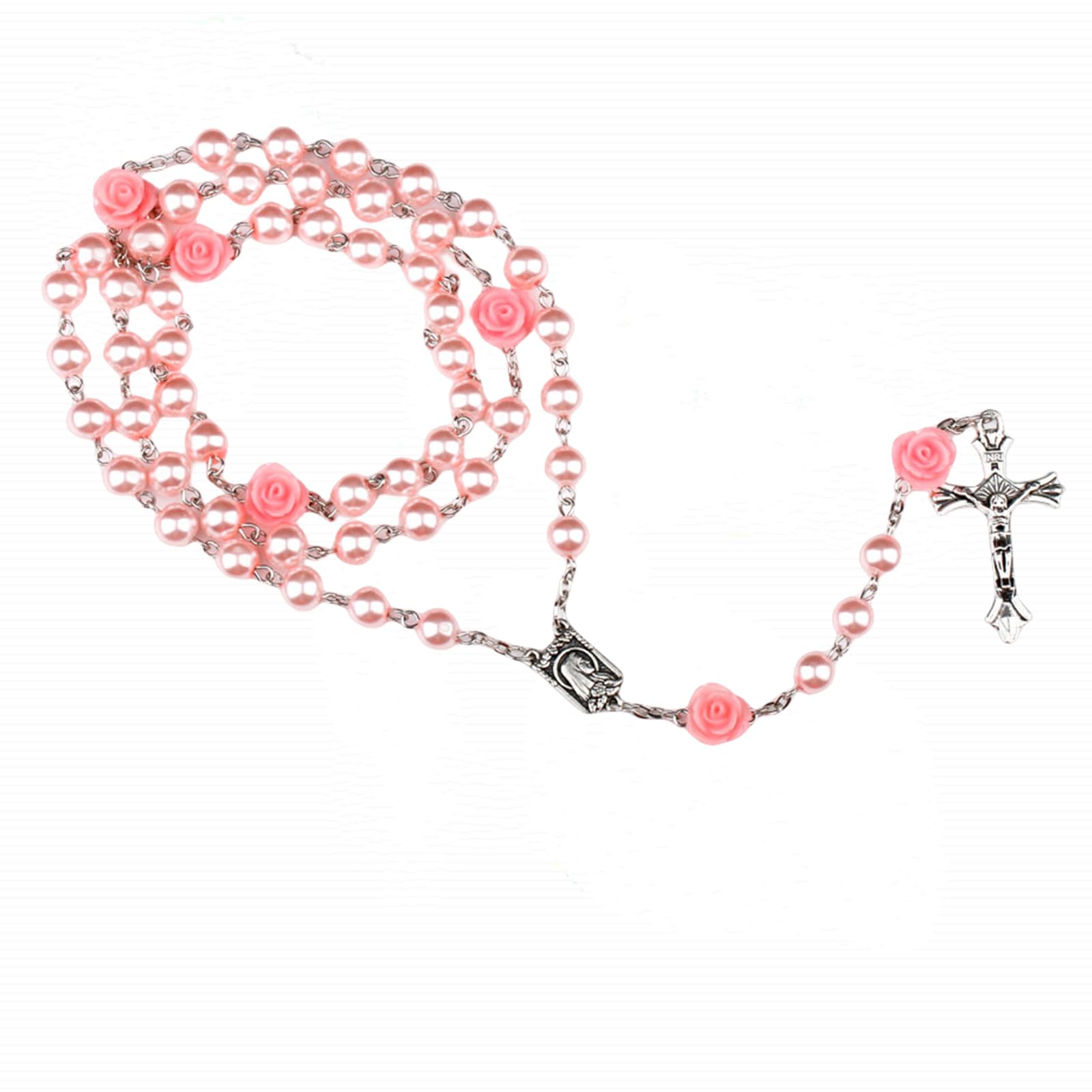 Amethyst Catholic Rosary Necklace 6mm Pearl Beads Rose Flower Cross Religious Necklace