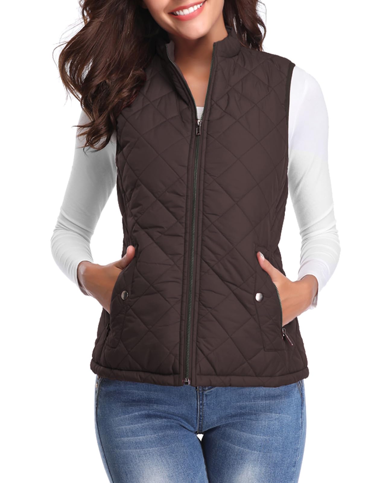 Fuinloth Women's Lightweight Warm Puffer Quilted Vest - 4-Pockets Stand Collar Zip Gilet, Fall Winter Outerwear