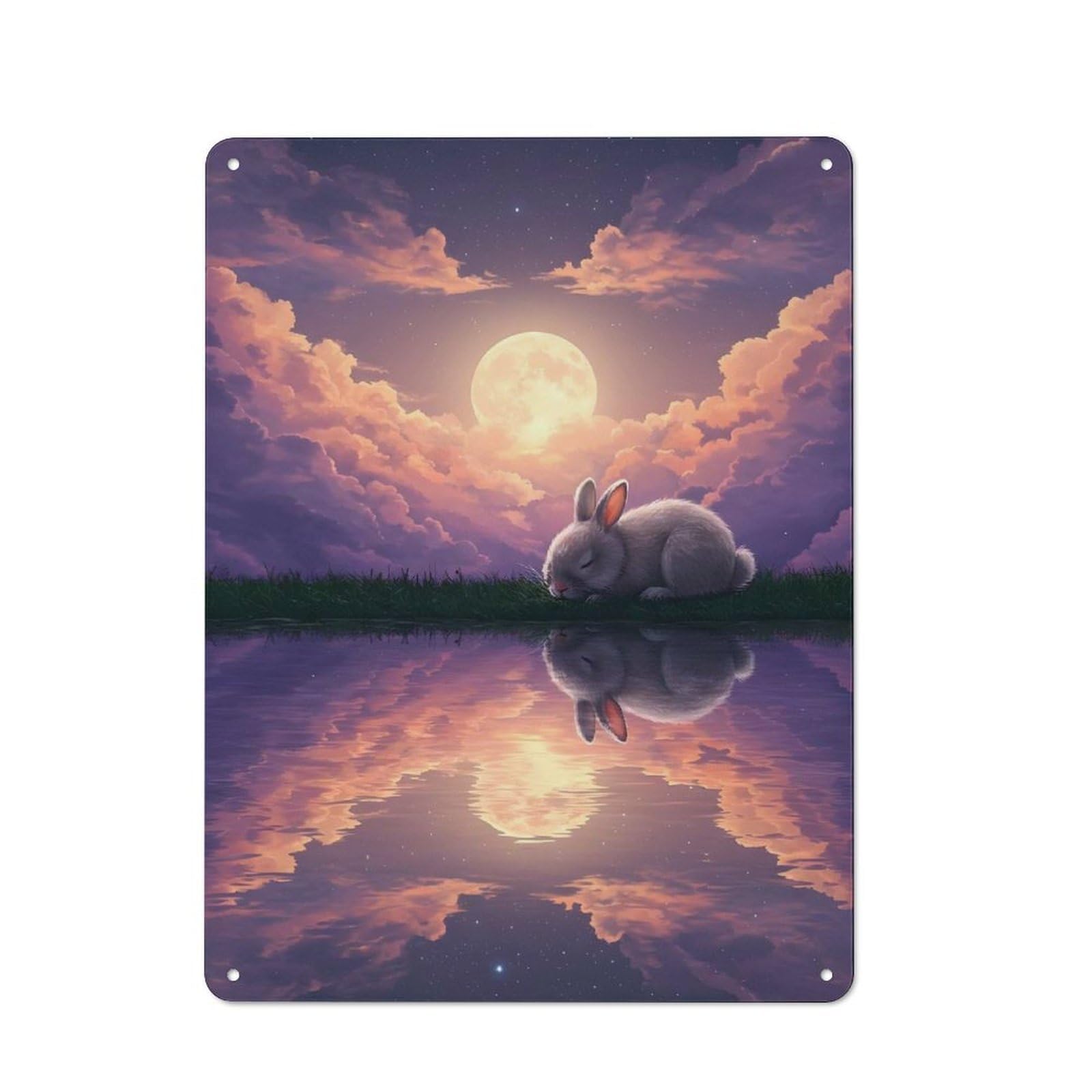 Junmoney Dreamy Rabbit Under Moonlight Reflection For Café Or Restaurant, Vintage Metal Sign 40X30cm, For Vintage Wall Decor Fans, For Cafés, Pubs And Restaurants