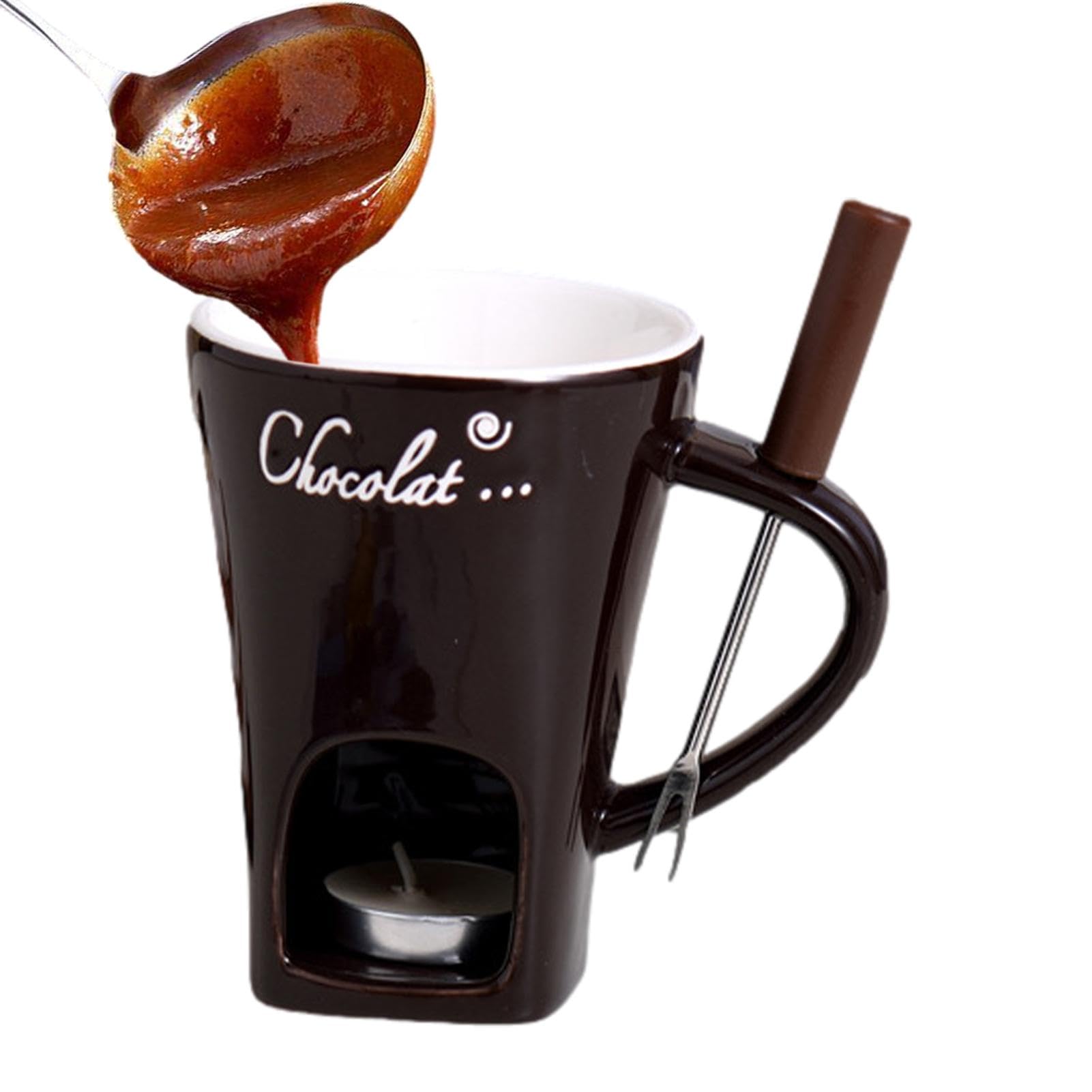 Set Fondue Au Chocolat En Céramique - 1 Caquelon, 6 Assiettes Cœur, 4 Fourchettes - Chauffage Bougie Chauffe-plat