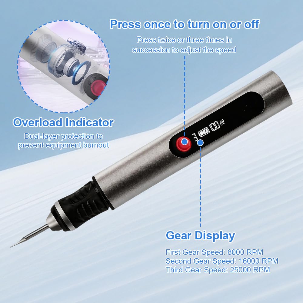 Gravierstift, Elektrischer Gravur Stift mit 30 Bits und 16 Vorlagen, Kabelloser Tragbarer Gravur Gerät, USB-Type-C Wiederaufladierbar Gravur Werkzeug Kit für Schmuck, Holz, Kunststoff, Metall,
