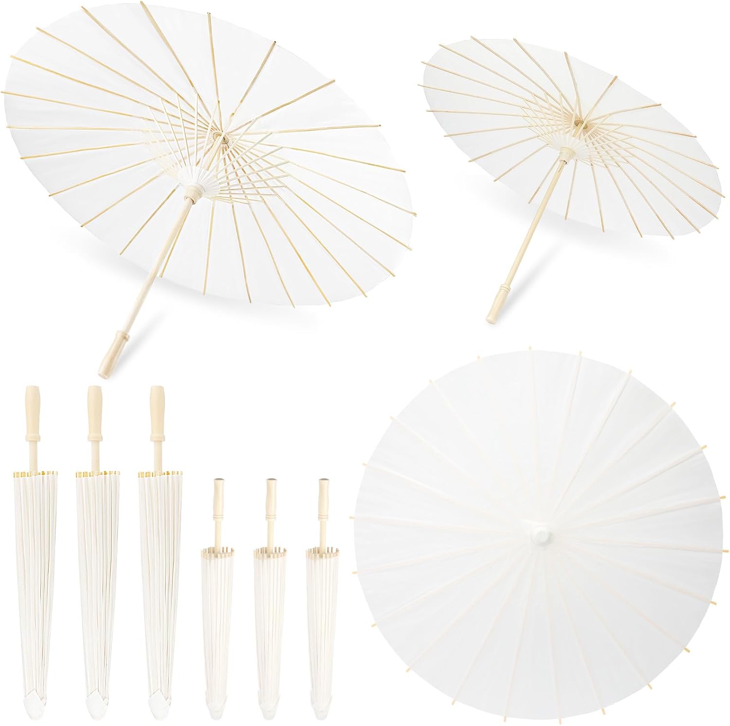 SAYAYA 6 Pack White Paper Umbrellas for Weddings, 33" & 23.6" DIY Oiled Paper Parasols Bulk Set, Chinese Japanese Parasol for Party Decor, Photography Props, Bridal Shower Crafts, Family Events
