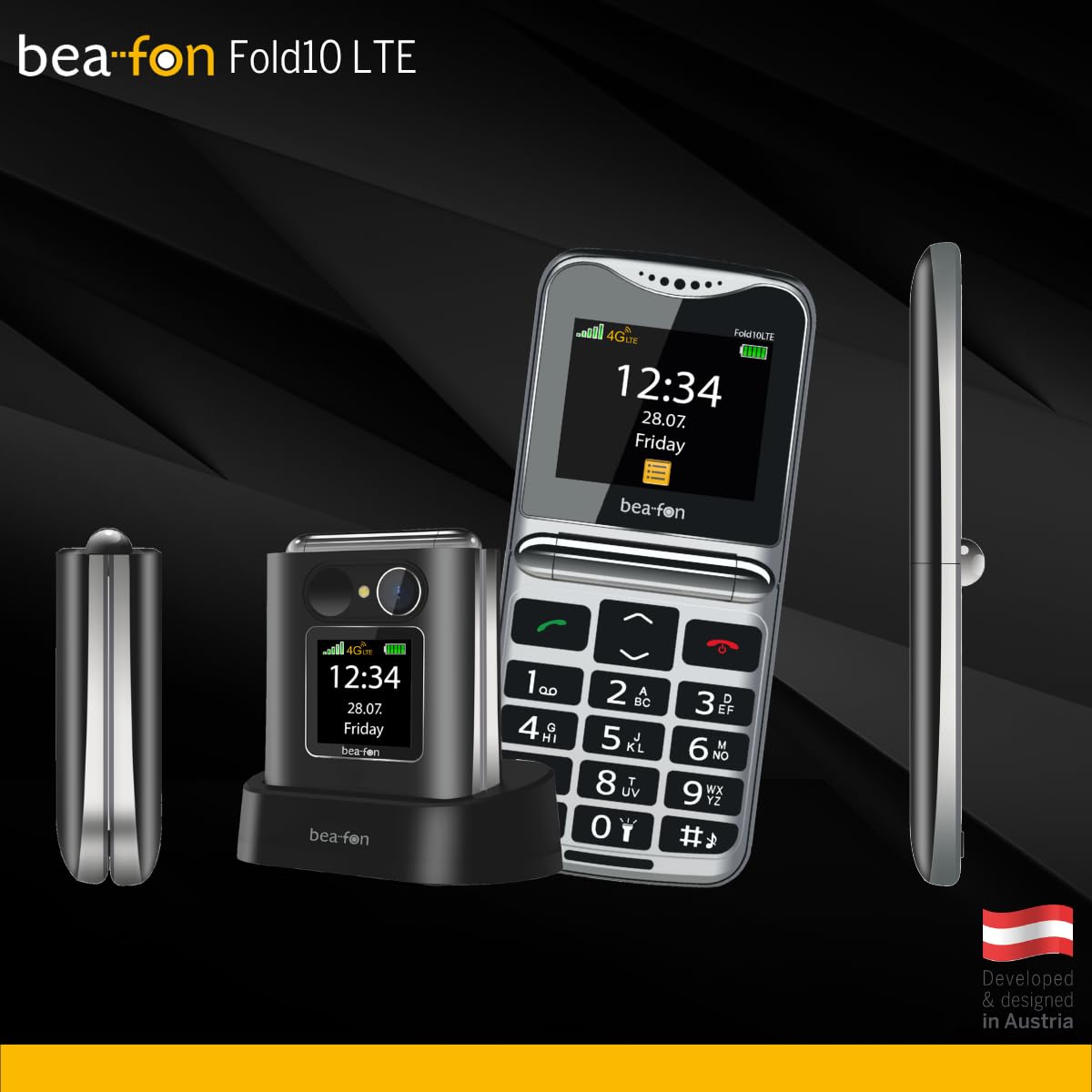 Beafon, Fold10 LTE, telefon z klapką, przycisk połączenia alarmowego SOS, kolorowy wyświetlacz wewnętrzny XL 2,2 (5,58 cm), kolorowy wyświetlacz zewnętrzny XL 1,44" (3,65 cm), wyświetlacz fotokontaktu