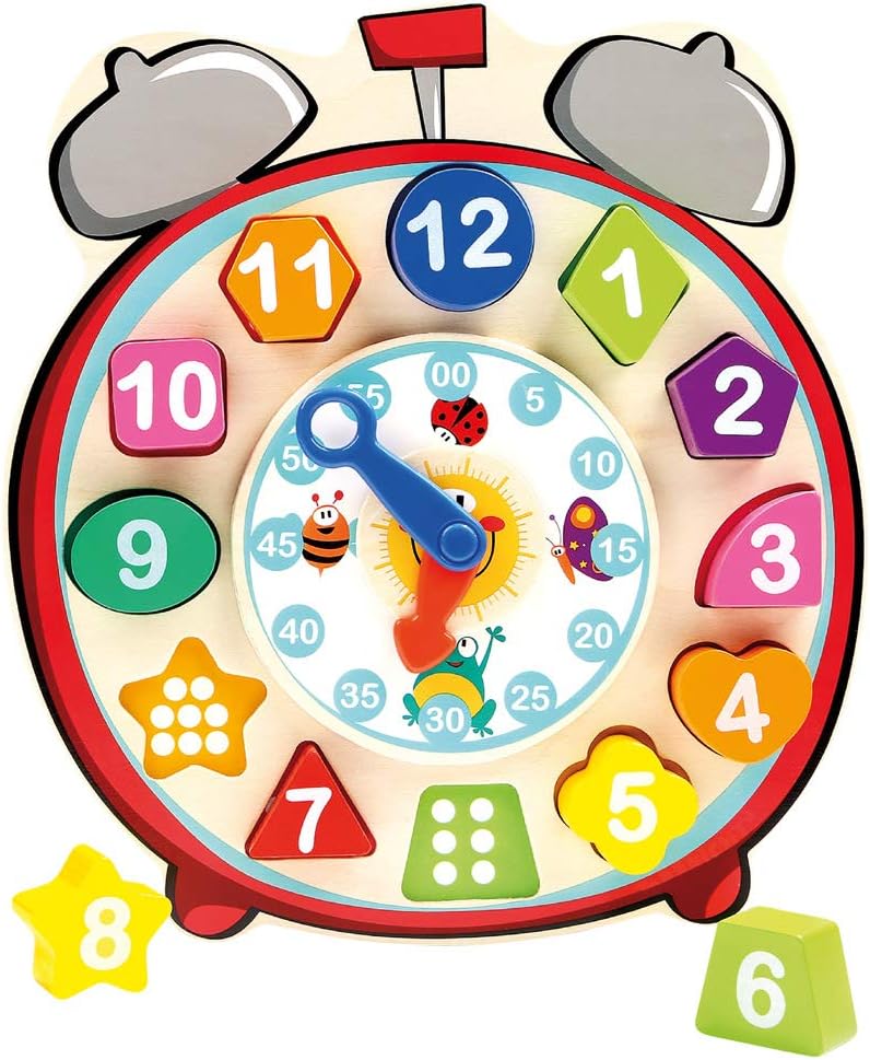 Bino 84053 Shape Sorter Clock Toy. Wooden Puzzle Clock For Children, Educational Toy For Learning Time, Shapes, Numbers and Colours. Size 22,5x3x24,5 cm