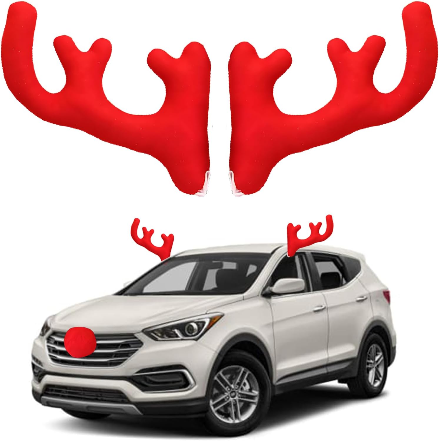 KSaAuto Christmas Car Decorations Reindeer Antlers Car Christmas Decor Reindeer Ears with Red-Nosed Kit Vehicle Holiday Season Decor Car Exterior Auto Accessories