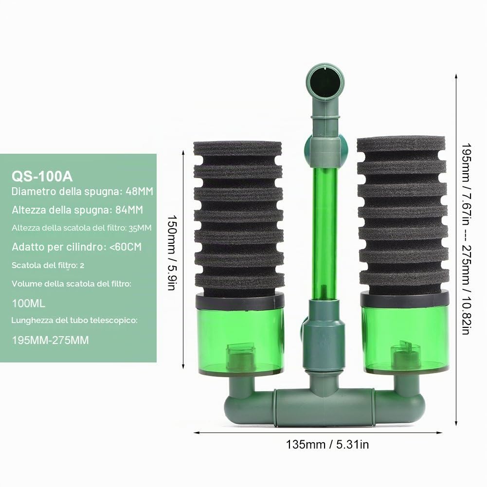 Filtro a Base di Schiuma biochimica Bio Sponge Double Head Air Pump con Ventosa per Attrezzatura Acquario (QS-100A)