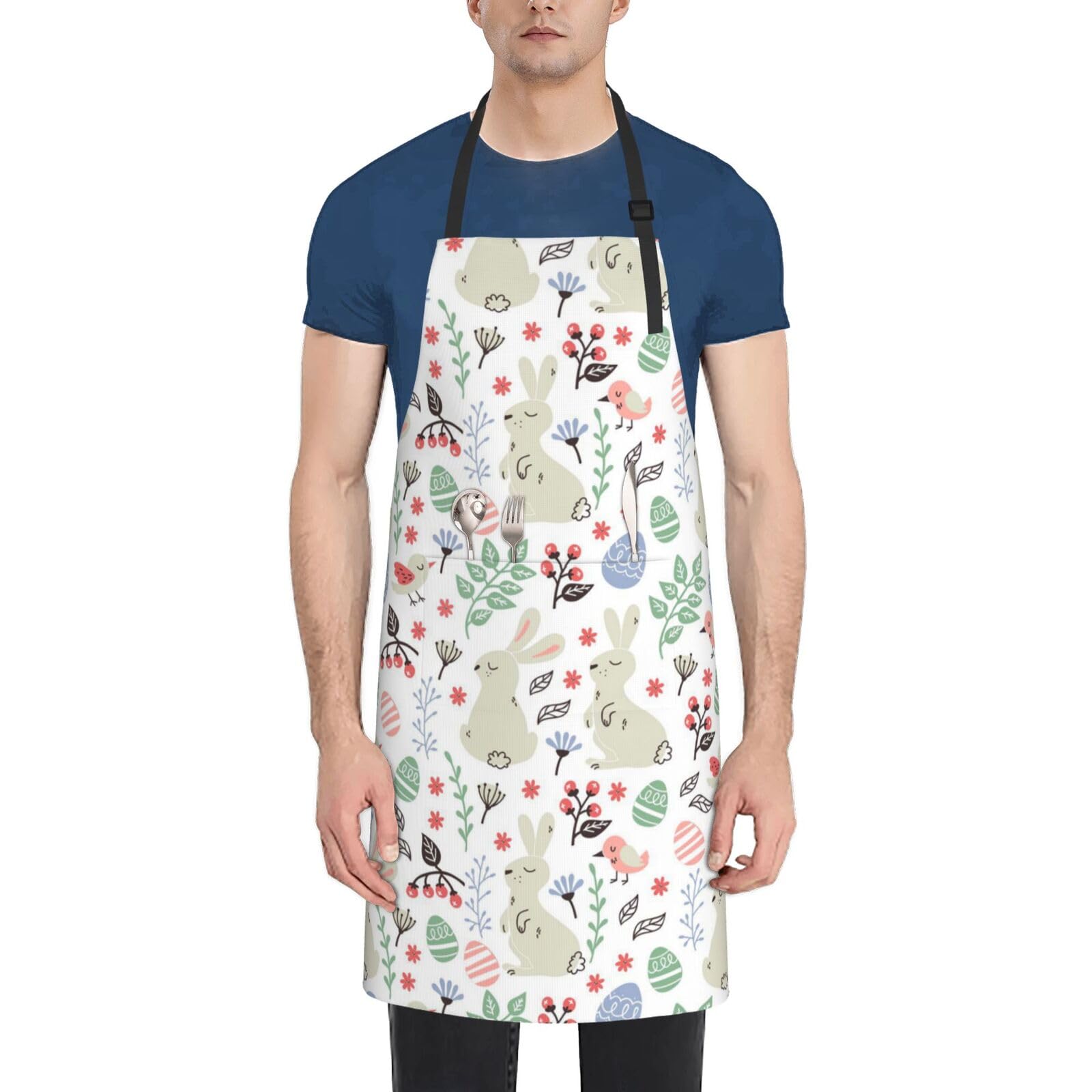 HAHAFU Flowers Bunnies Birds Apron For Women Men,Print Polyester Work Cooking Chef Waterproof Aprons With Adjustable Strap And 2 Pockets