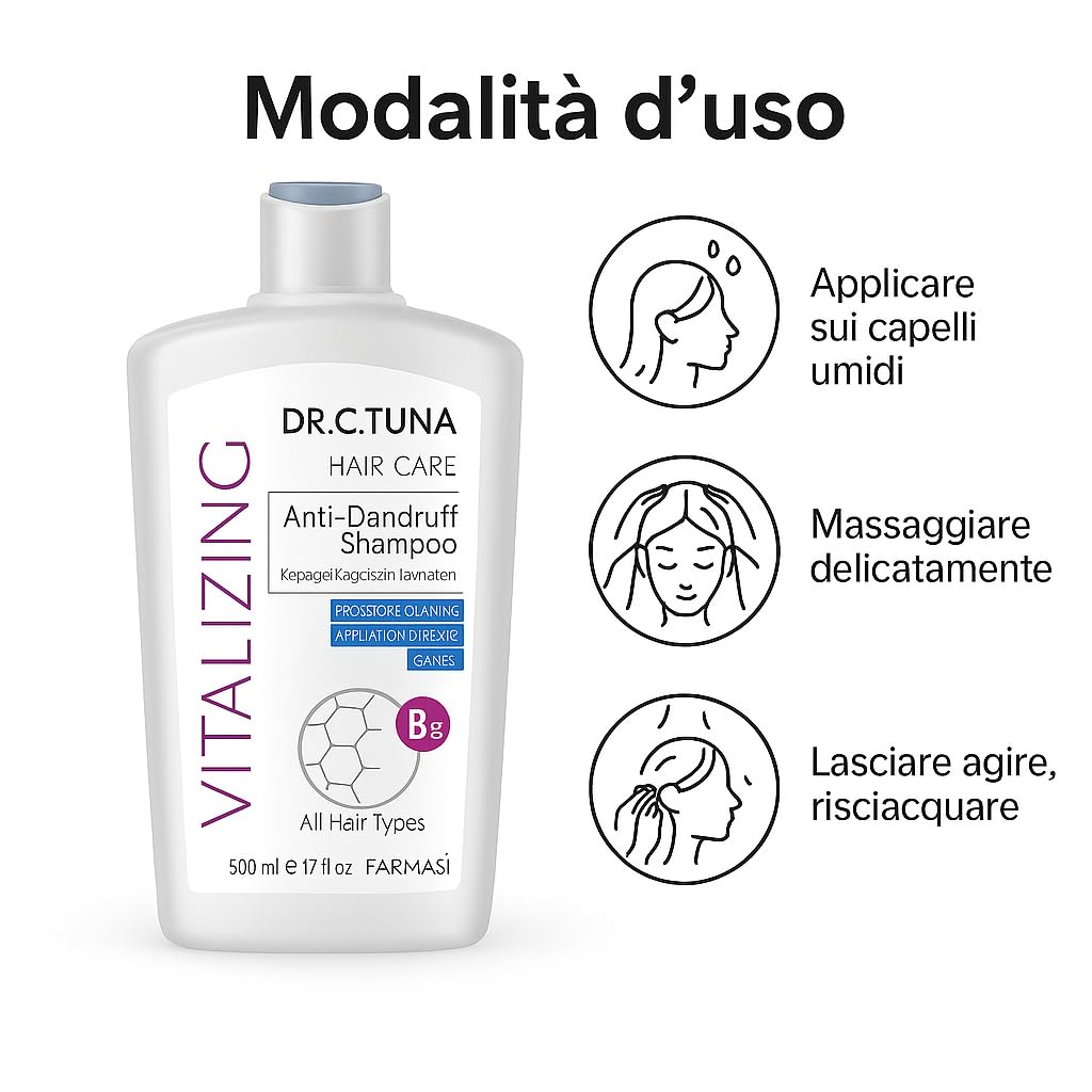 Farmasi Dr. C. Tuna Shampoo Antiforfora Vitalizing con Aglio e Aceto di Mele, Per Tutti i Tipi di Capelli, 2x500 ml