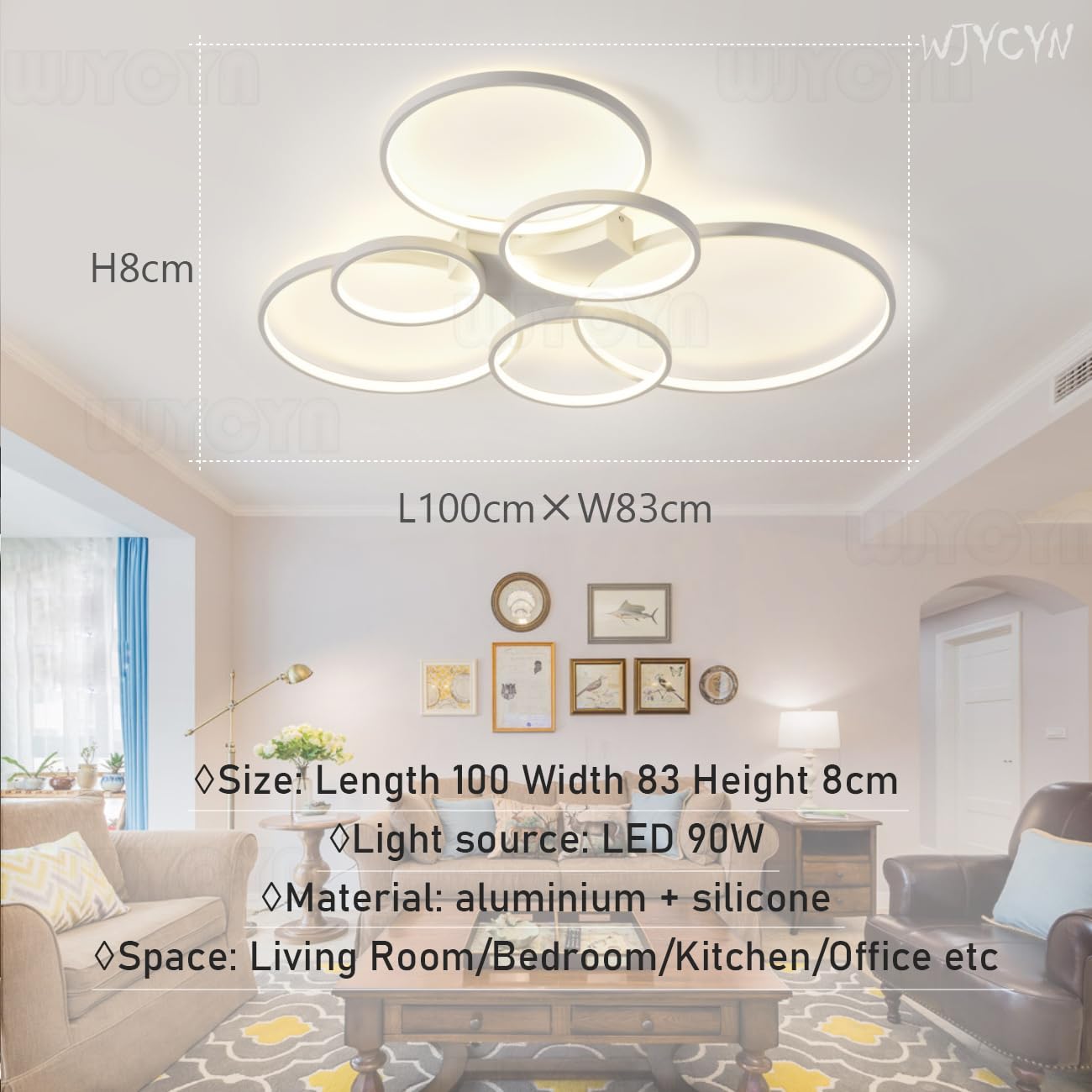 Kreatywny Ściemnialna 6-pierścieniowa lampa sufitowa do salonu 90W z pilotem 3000K-6500K Nowoczesne Plafon LED sypialni Energooszczędne Możliwość przyciemnienia do jadalni kuchni biur L100cm (Biały)