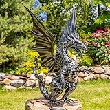 Zaer Ltd. Metal Dragon Garden Statue, Freestanding Outdoor Sculpture, Hand-Painted Metallic Finish (44" Tall Tarragon)