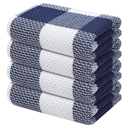 Mordimy 100% Cotton Waffle Weave Kitchen Towels, 13 x 28 Inches, Super Soft and Absorbent Buffalo Check Dish Towels for Drying Dishes, 4-Pack, White & Navy Blue