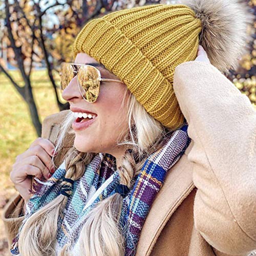 Womens Knit Beanie Winter Hats Detachable Real Raccoon Fur Pom Pom Hat Girls Ski Skull Cap Navy Blue #TOP4