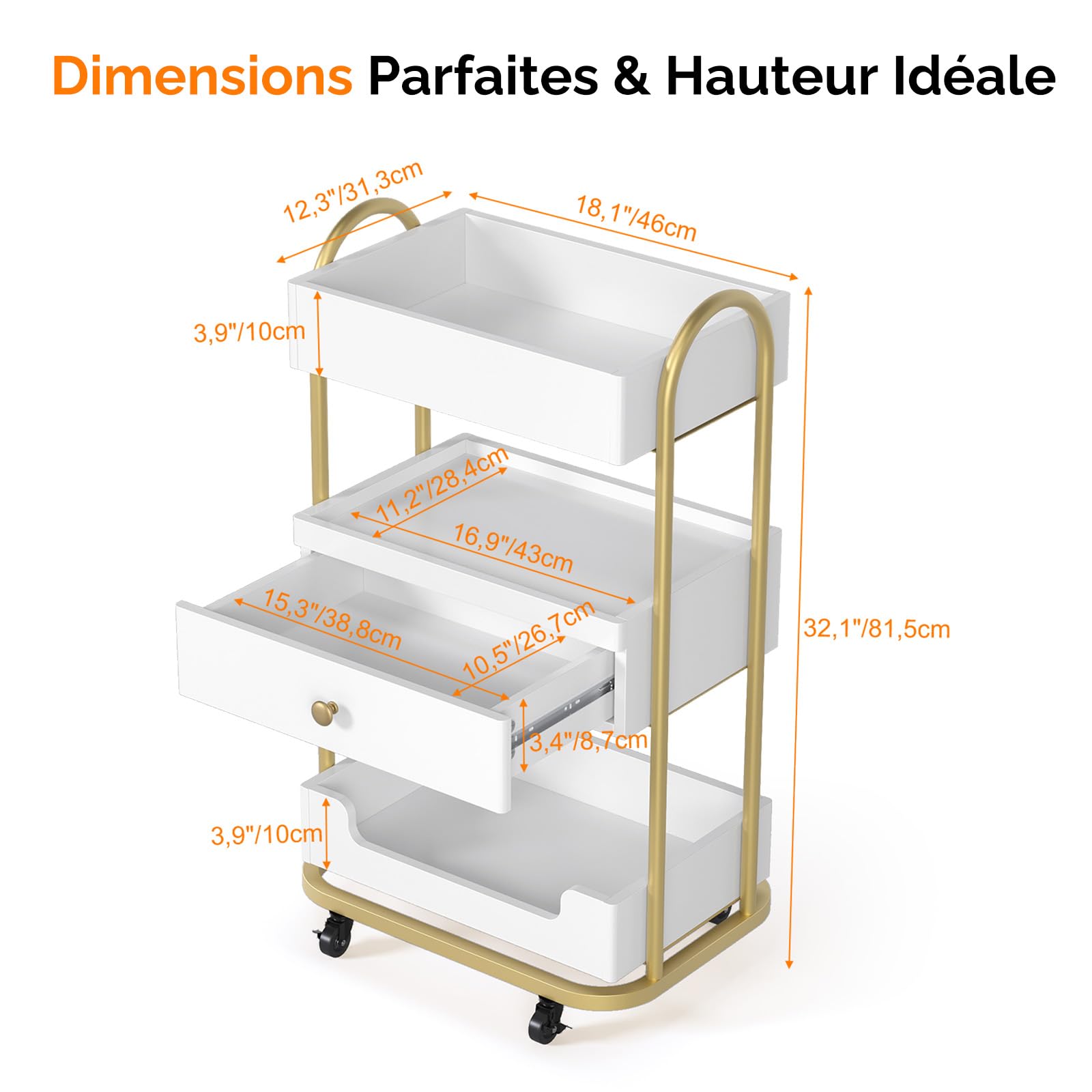 Bonnlo Chariot de Coiffure, Chariot de Salon Professionnel 3 Étages avec Tiroir, roulettes Verrouillables, Plateau Supérieur Plat avec Bordure, pour Esthétique, Spa, Studio Ongles, Blanc et Doré