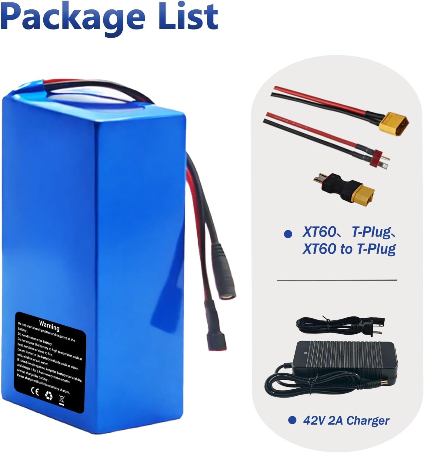 36V 14Ah Battery, Includes 2A Charger, XT60 & T-Plug Connector, for 100W-1000W Motors