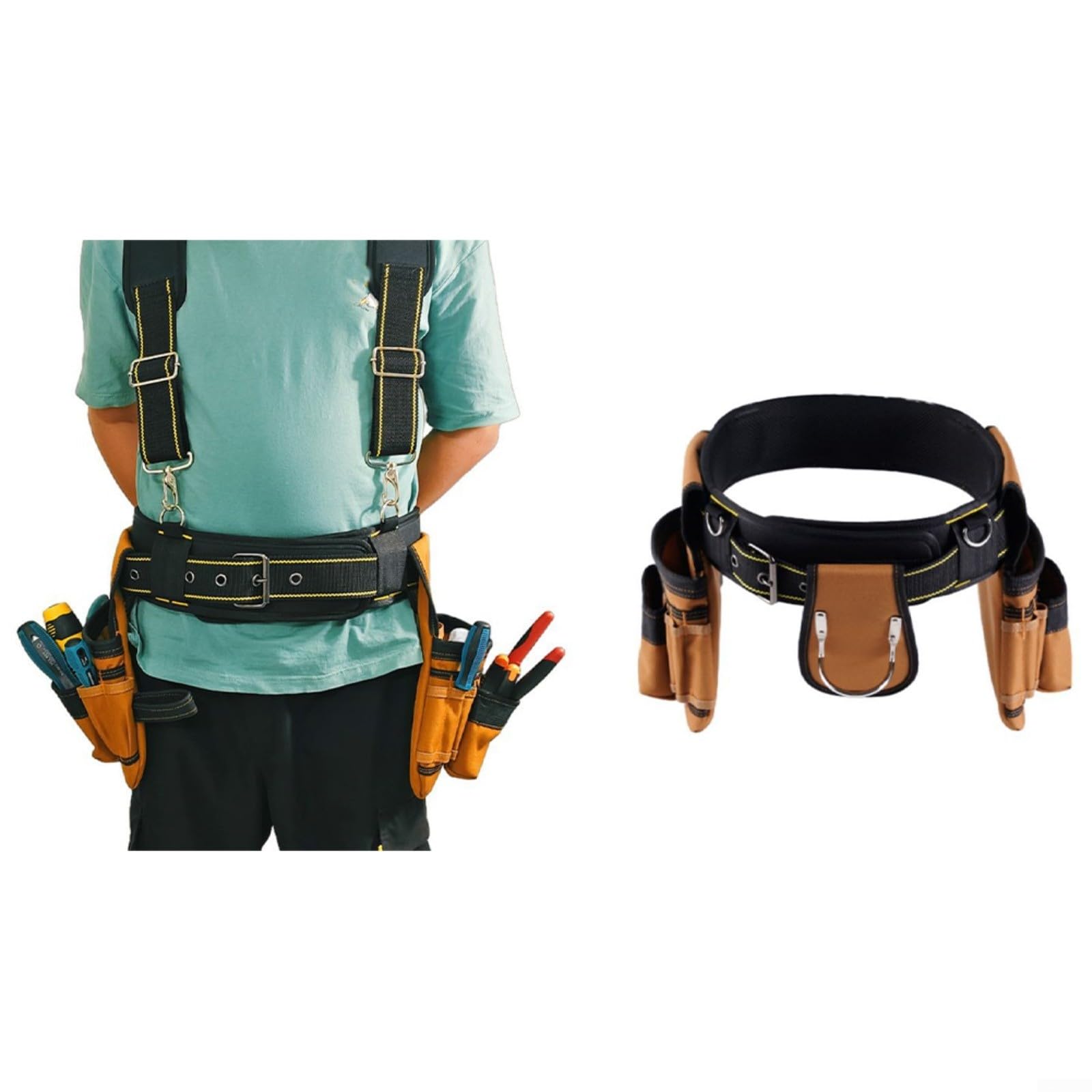 Juego de 4 cinturones de herramientas con funda de martillo, bolsas de cintura de tela Oxford 1200D para comerciantes y bricolaje, color marrón
