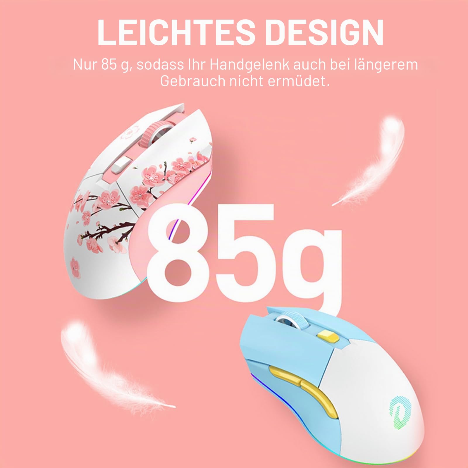 DAREU Sakura Pink Gaming Maus Kabellose mit Magnetic Charging Dock, 12K DPI, 6 Programmierbare Tasten, 300IPS 1000Hz