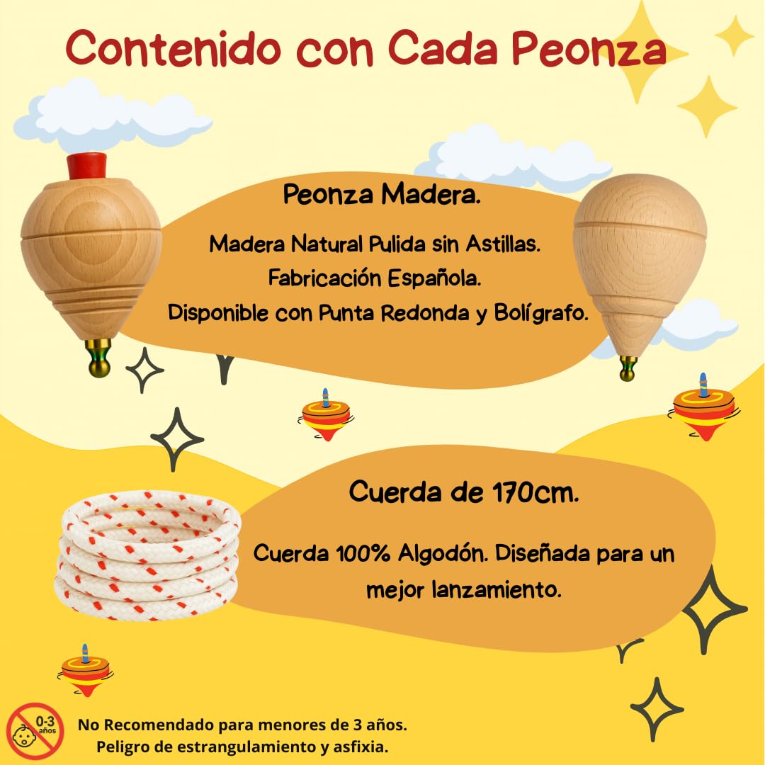 Peonza Madera para Niños Pack 30 Trompos + 30 Cuerdas | Packs de 2-4-6-8-12-16... Unidaes. | Hecho a Mano en España con Punta Redonda.