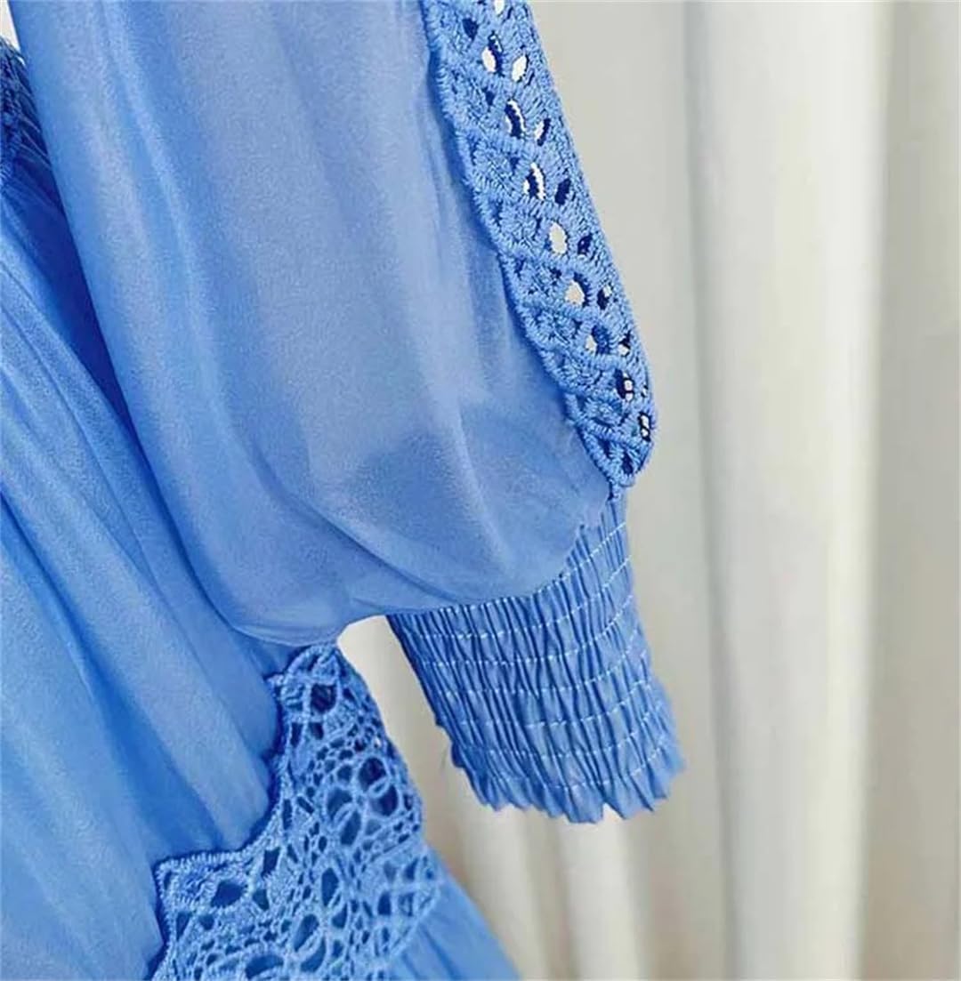 Womens V-Neck Solid Maxi Dress Lace Patchwork Hollow Out Beach Long Sleeve Dress