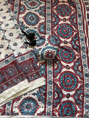 Image of Ajrakh Print Saree, Cream, Cotton, Mirror Work Embellishment, Ethnic Style with Tassels