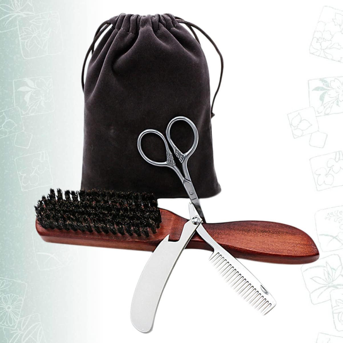 balacoo 3sets Beard Care Set Beard Brush Kit Portable Cloth Bag Trimmer Grooming Tool for Travel and Daily Use