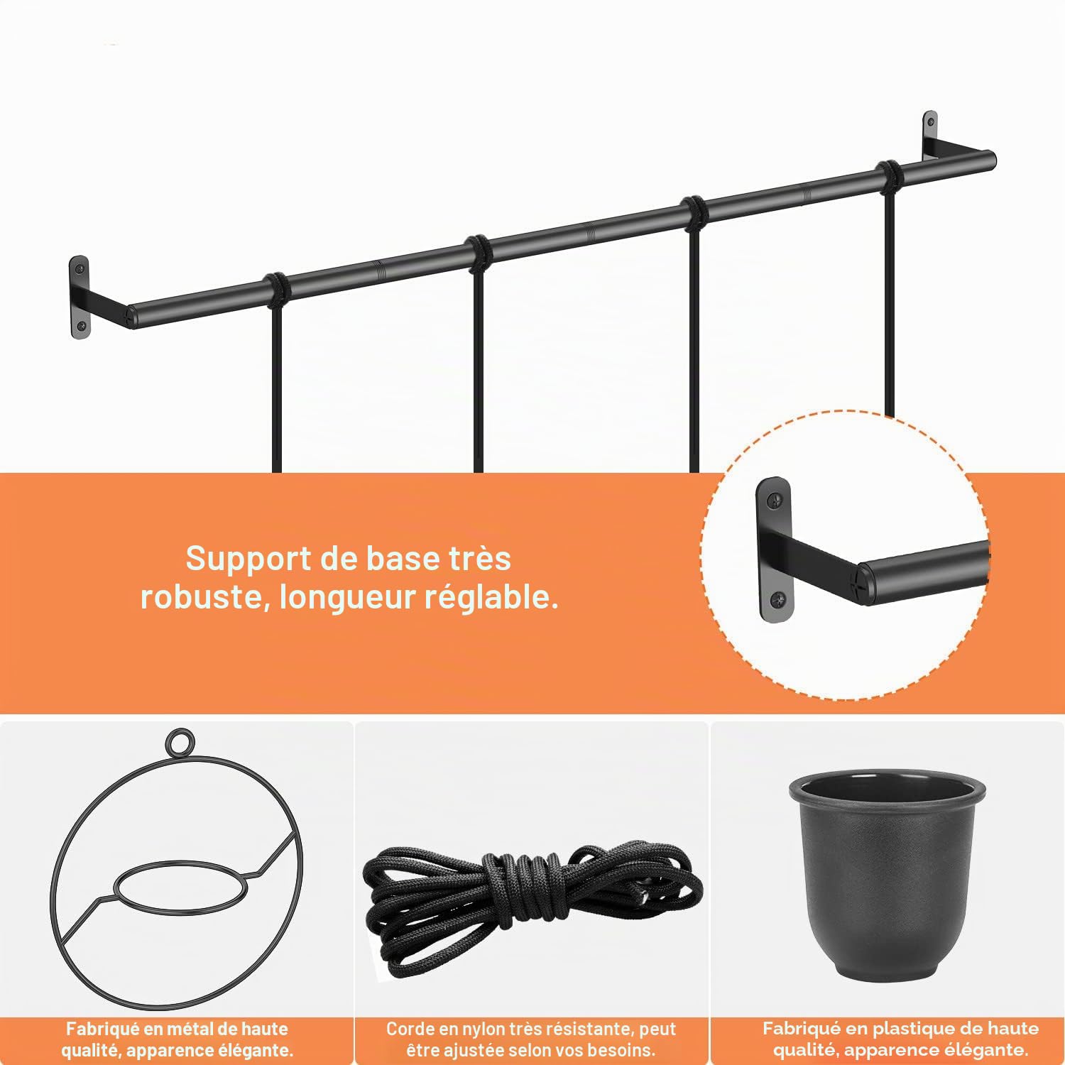 Bomclap Lot de 4 pots de fleurs suspendus ronds avec pot de fleurs en mélamine pour intérieur, extérieur, jardin, balcon, pots de fleurs suspendus pour plantes murales et plafonds, noir