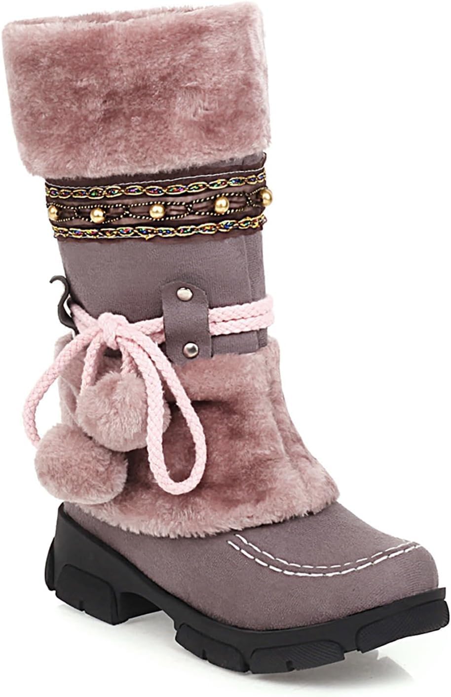 Women's Mid-Calf Slip on Winter Snow Boots, Classic Round Toe Suede Faux Fur Cozy Warm Winter Booties Low Heel Hairball Flat Soled Furry Shoes