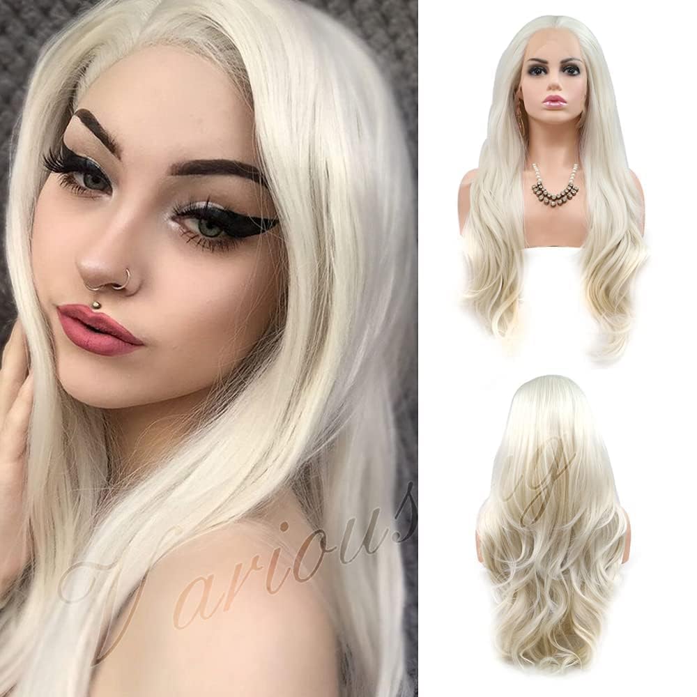 Weißblonde synthetische Lace-Front-Perücke für Frauen, lang, gewellt, realistisch, natürlicher Haaransatz, Platinblond, lockig, synthetische Lace-Front-Perücke, klebefrei, hitzebeständige Faser, Haar