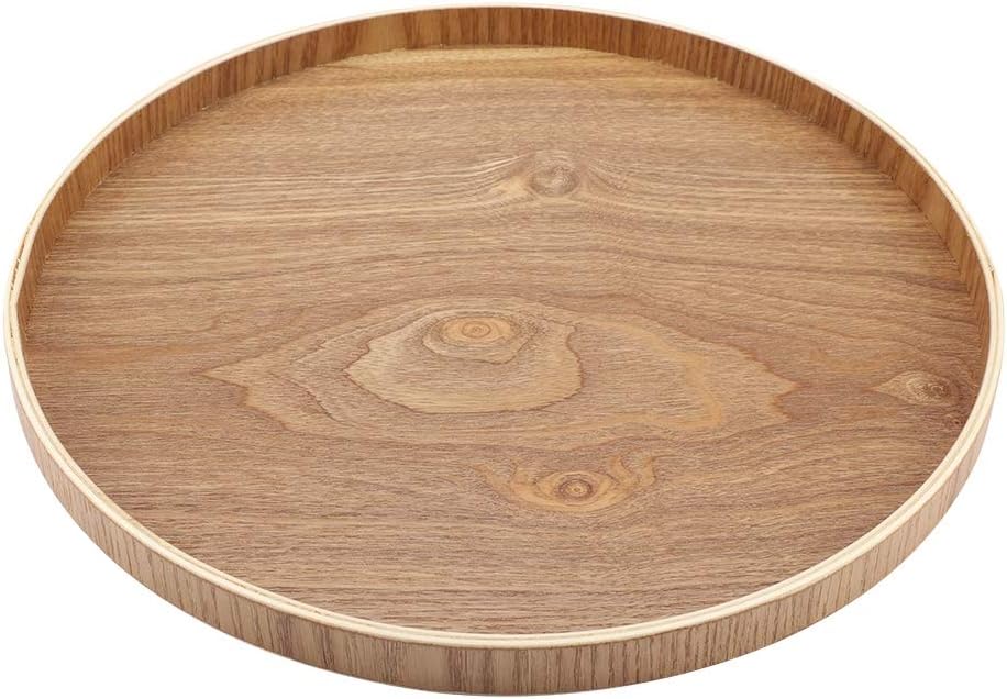 Fdit Wooden Serving Tray, Round, Brown, 33cm, for Tea Set, Fruits, Candies, Food, Home Decoration
