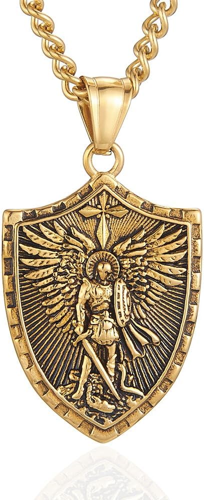 Stainless Steel Saint Michael Necklace St Michael the Archangel Shield Pendant Amulet for Men Women