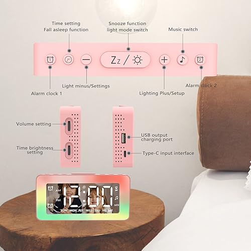 Miniatura 7 de Reloj despertador para niños, ayuda para dormir con ruido blanco, reloj de noche con 8 modos de luz nocturna RGB, modo diariosemanafin de semana,