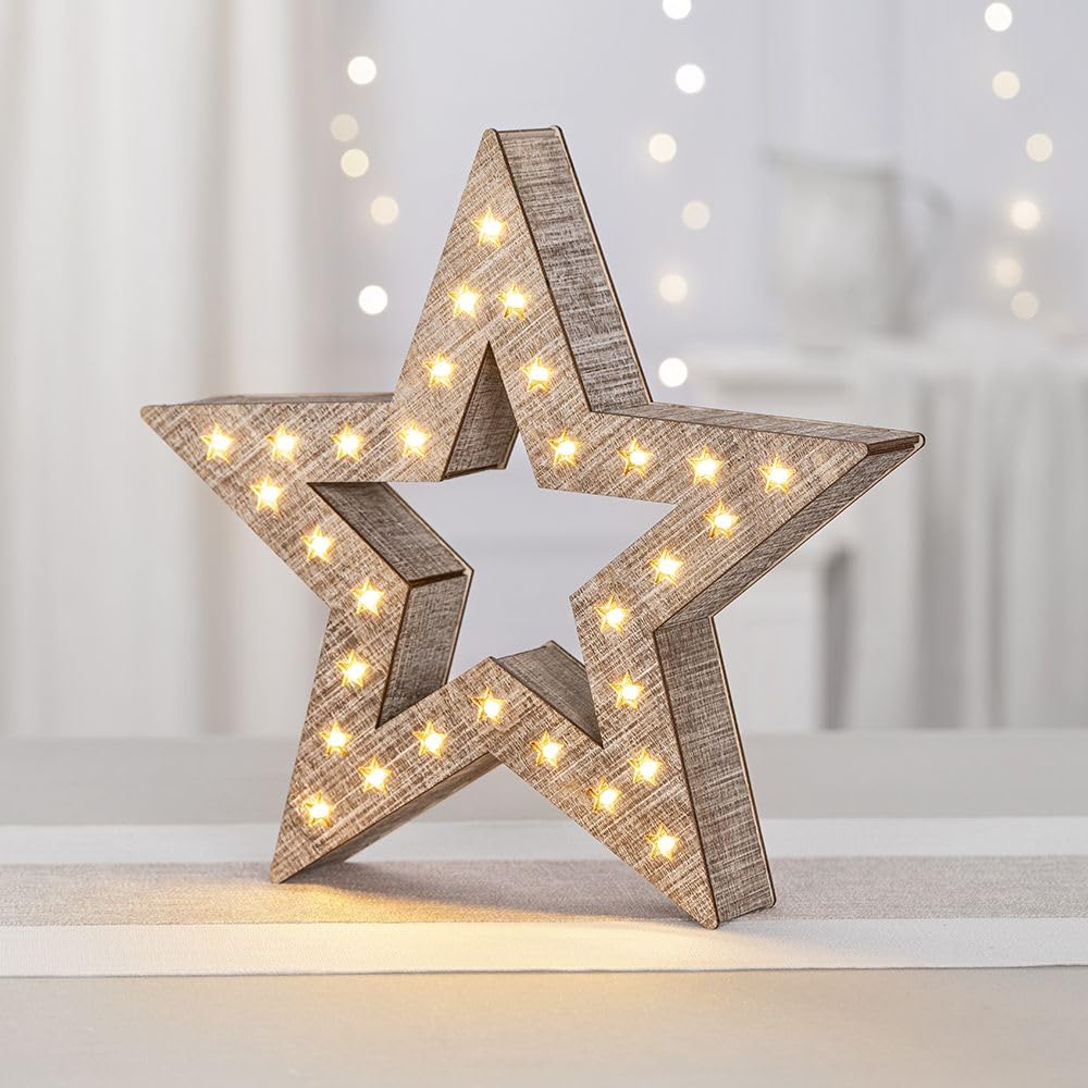 Étoile LED En Bois Vintage Ideen Mit Herz - Lumière De Noël Chaleureuse 30 LED Blanc Chaud, Décoration D'Hiver Élégante Pour Fenêtre Et Intérieur 30x29,5x5,3 Cm