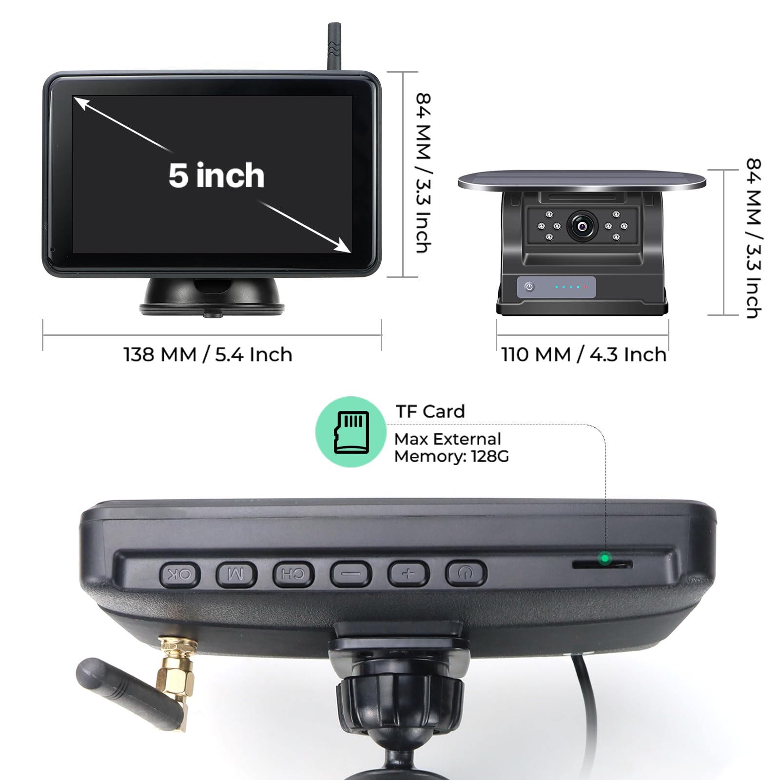 Solar Rückfahrkamera Kabellos mit 5" 1080P Touchscreen Monitor: 9600mAh Akku 1 Mins DIY Installation, IP69K Wasserdicht Rückfahrkameras für Auto, LKW, Van, SUV, Wohnmobil,Anhänger