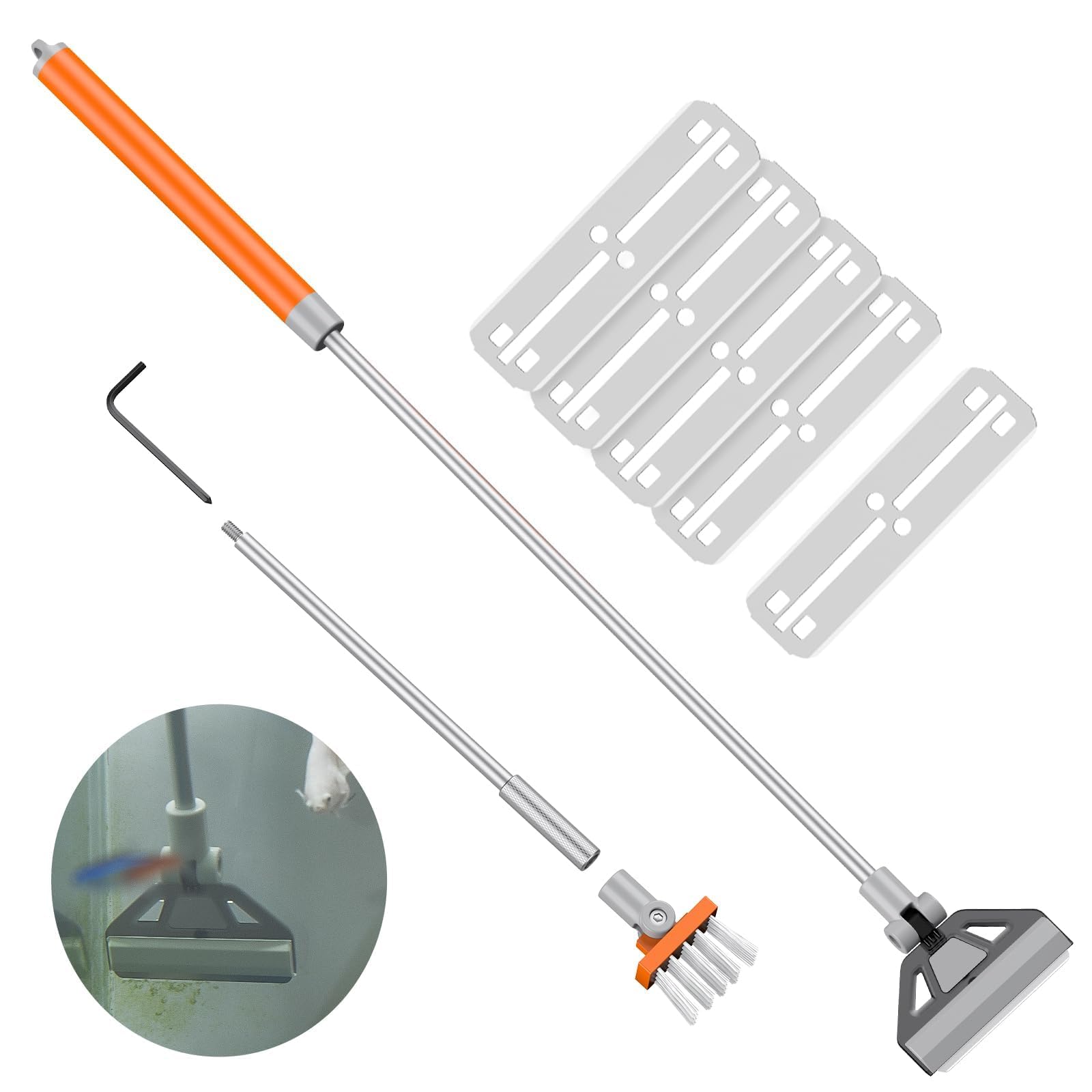 Pawfly Grattoir à Algues pour Aquarium 2 en 1, 66cm Nettoyeur vitre Aquarium avec Brosse & 5 Lames Acier Inoxydable, Outil de Nettoyage pour Aquariums Récifaux, Plantés et Bassins à Poissons