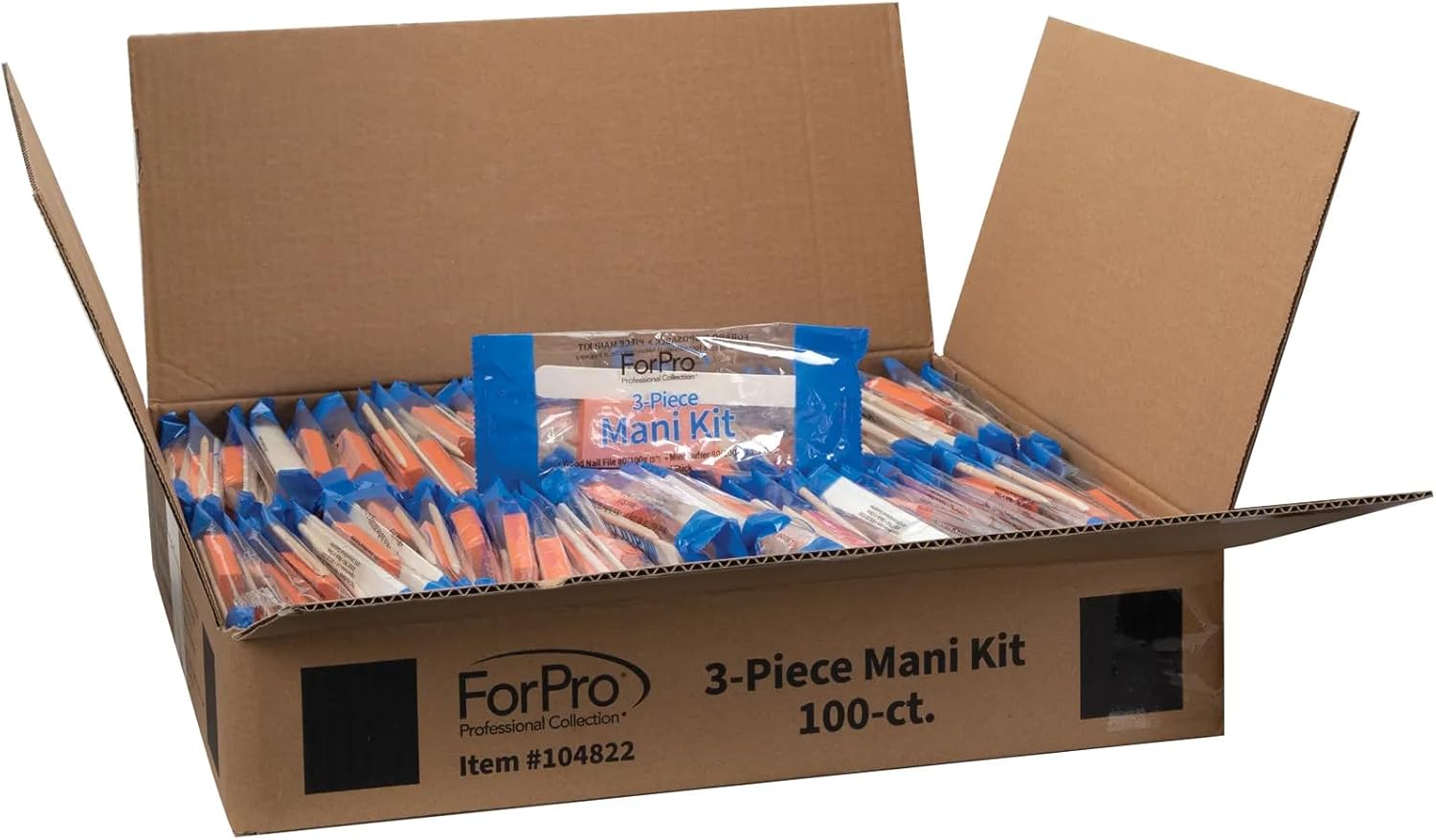 ForPro 3-Piece Mani Kit, 100-Count, Individually-Packed Manicure Set, White Wood Nail File 80/100 Grit, Orange Mini Buffer 80/100 Grit, Wood Stick