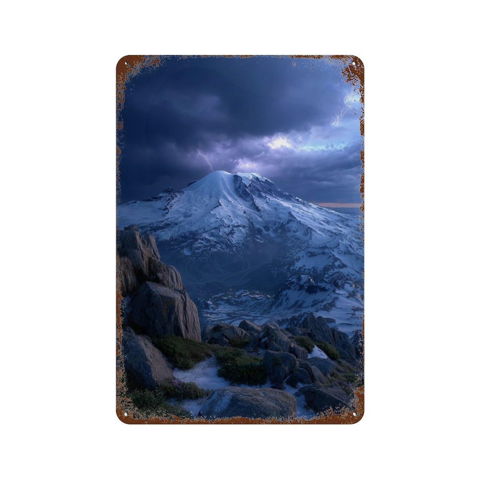 Mountain Peak Lightning Storm Rust Effect Tin Sign 11.8"x7.9", Vintage Wall Decor for Garage, Pub Or Kitchen