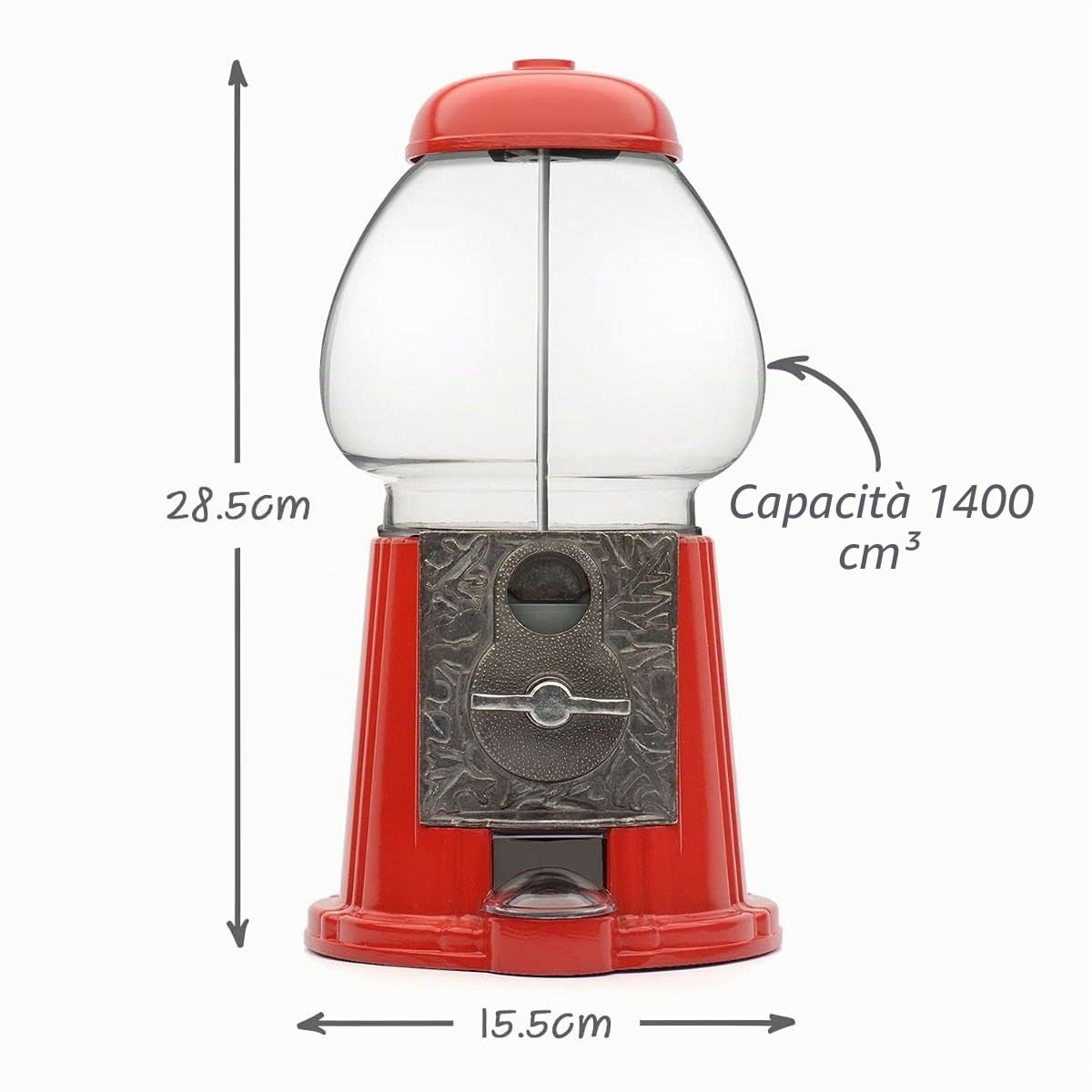 CKB LTD Distributore di caramelle a gettoni, grande dispenser vintage per dolci, cioccolatini rotondi, chewing gum, snack, dolcetti, noci e frutta secca, gumball salvadanaio, Altezza 28 cm, Rosso