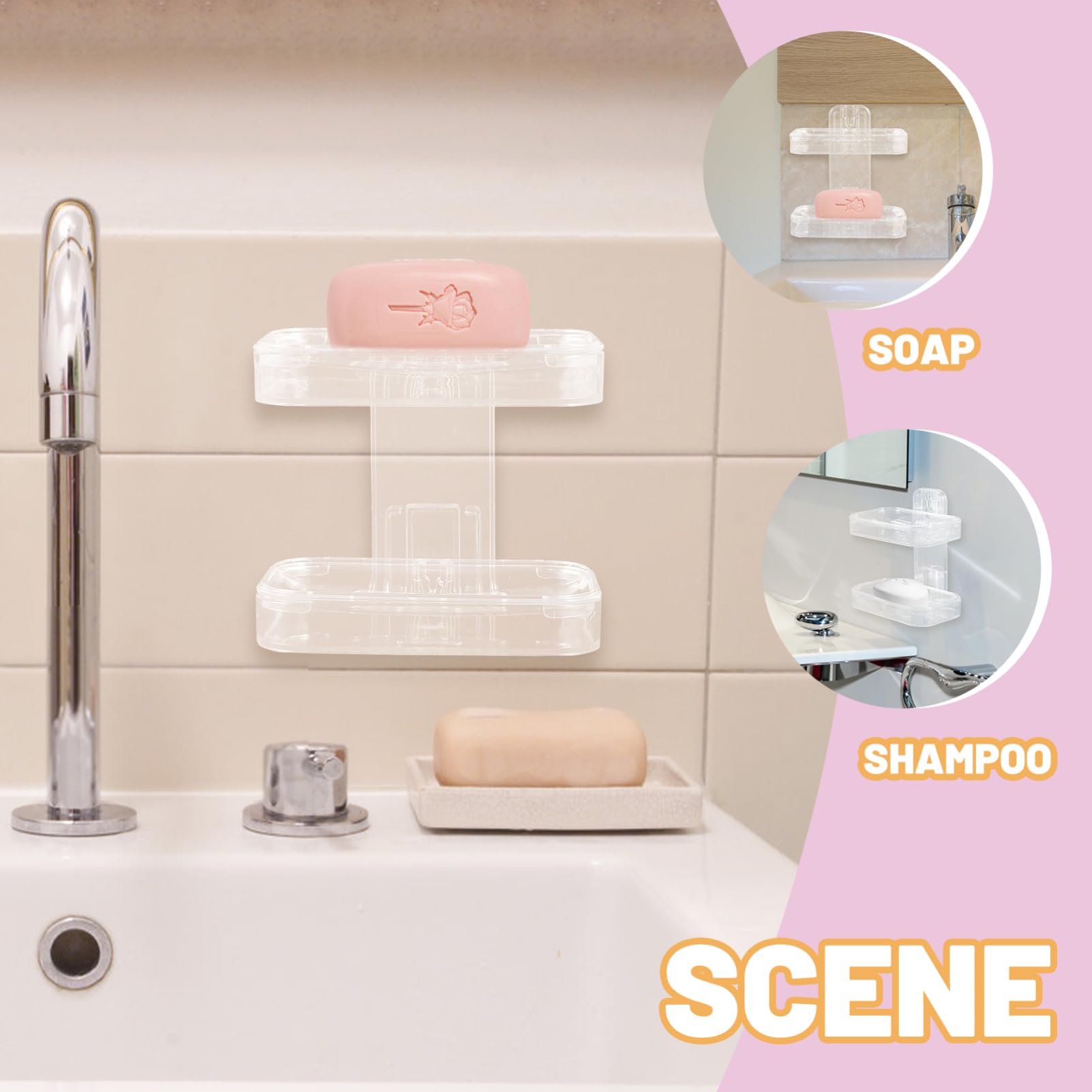 Gatuida 4piezas Soporte De Jabón Doble Montado Pared Jabonera Transparente Sin Perforación para Baño y Ducha Almacenamiento Drenaje