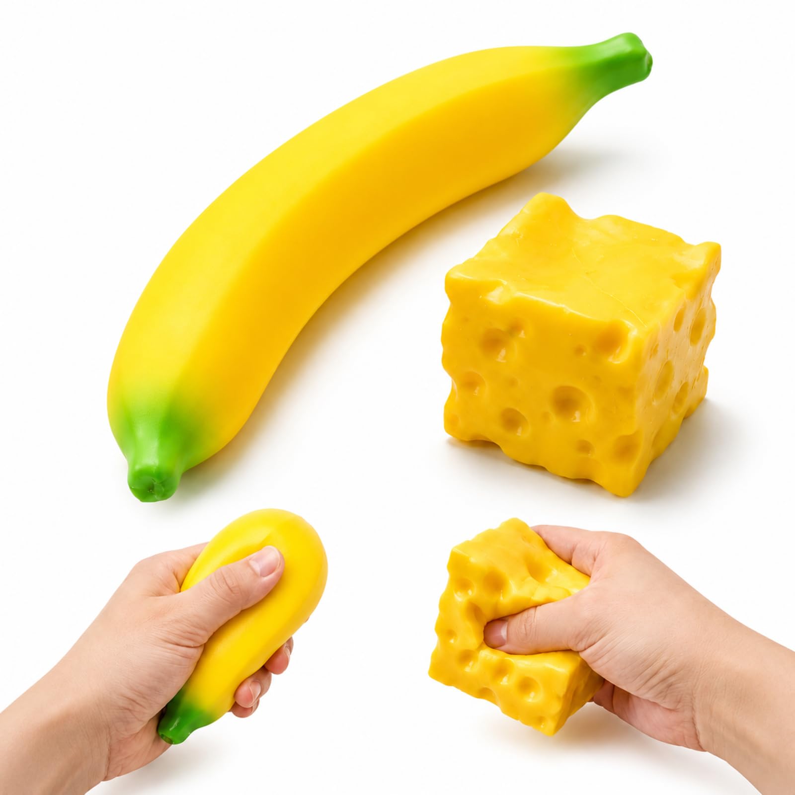 Cheese Squishy and Banana Squishy Set, Stress Relief for Office Desk and Home Decor, Portable Fidget for Emotional Support