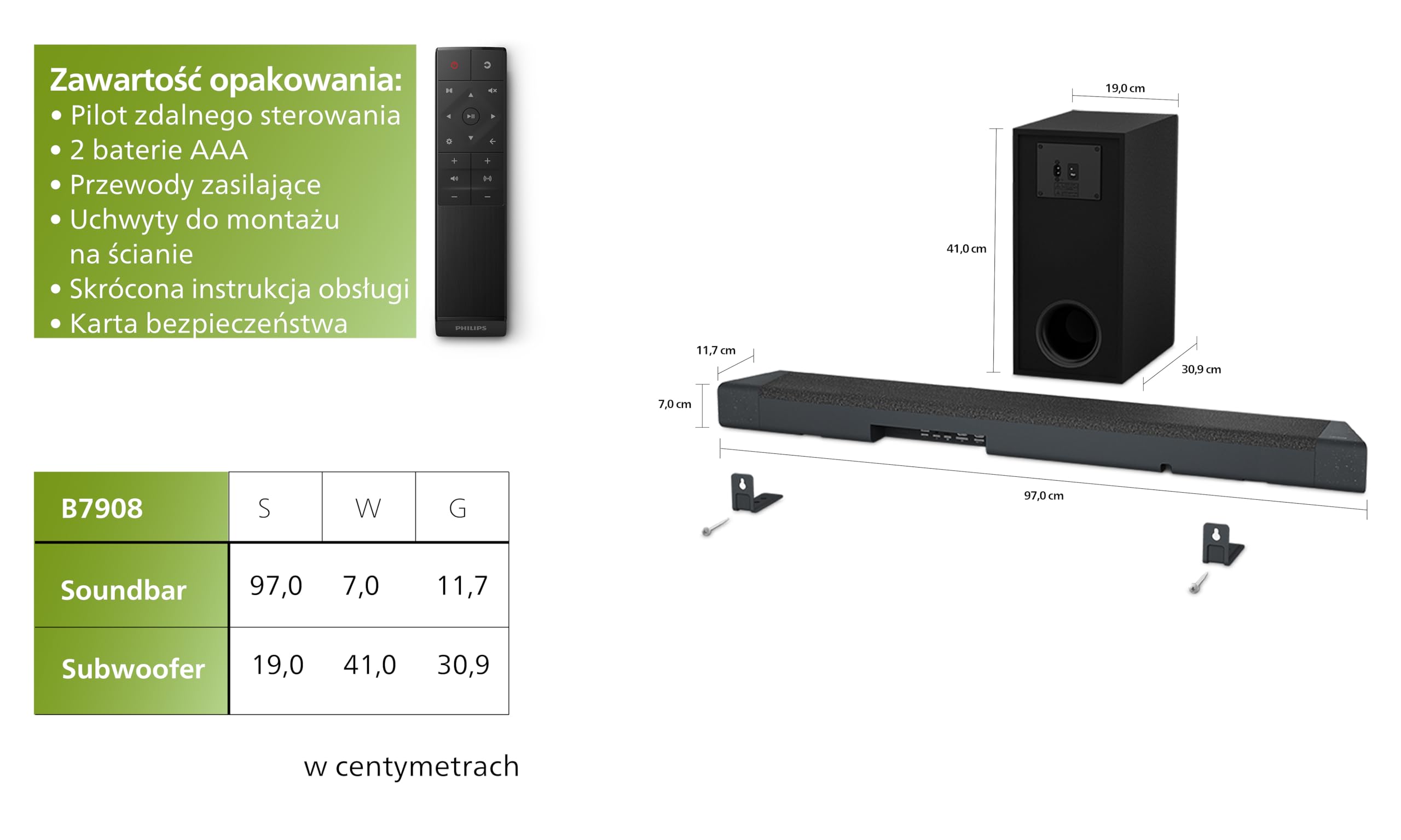 Philips TAB7908/10 Soundbar 5.1.2 z Bezprzewodowym Subwooferem | 740W | Dolby Atmos | DTS Virtual:X | Dźwięk Przestrzenny | Gotowy na Roku TV | Philips Easylink | Pilot | Uchwyt Ścienny | Czarny