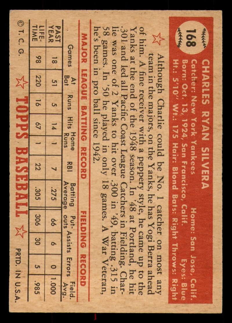 Baseball MLB 1952 Topps #168 Charlie Silvera paper loss RC Rookie Yankees
