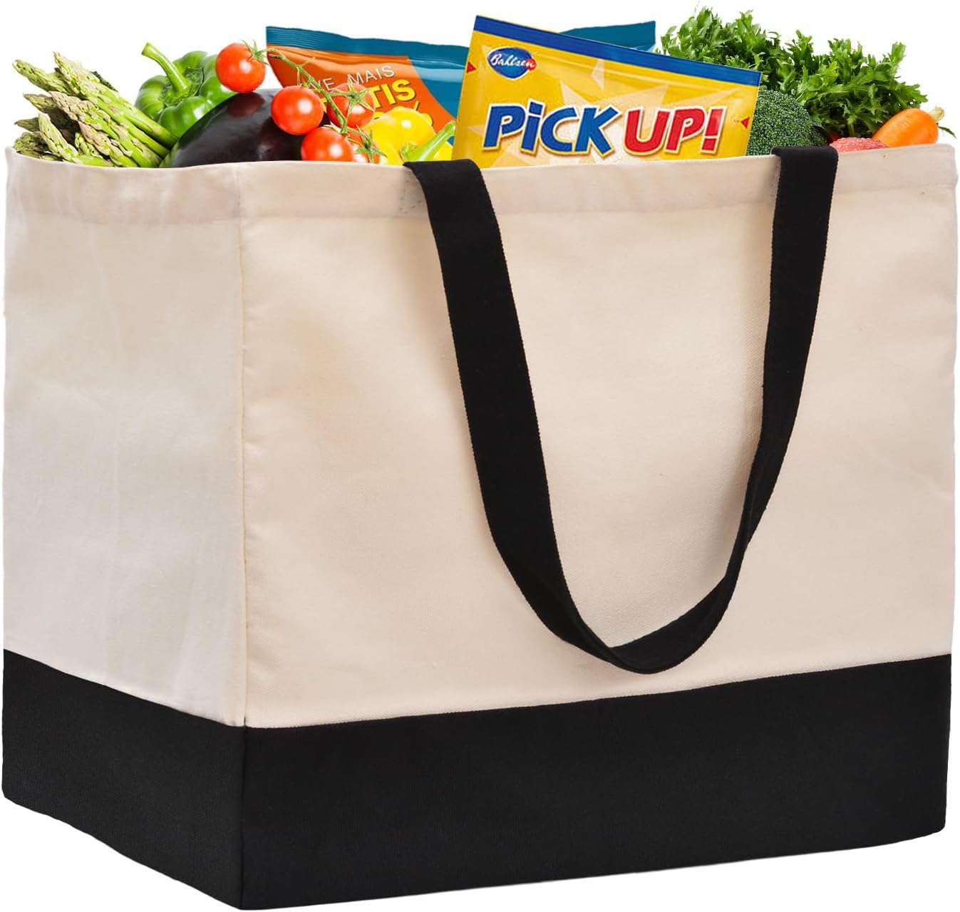 Canvas Reusable Grocery Bags Heavy Duty, 8.3 gal Foldable Large Canvas Tote Bag with Handles, Holds 60 lbs Canvas Shopping Bags & Washable Eco-friendly Bags with 5 Pockets, Off white Black 1 Bags Canvas Reusable Grocery Bags Heavy Duty, 8.3 gal Foldable Large Canvas Tote Bag with Handles, Holds 60 lbs Canvas Shopping Bags & Washable Eco-friendly Bags with 5 Pockets, Off white Black 1 Bags