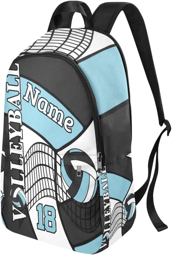 Personalized Volleyball Sky Blue White Black Backpack with Name Custom Travel Daypack Bag for Woman Man Gifts