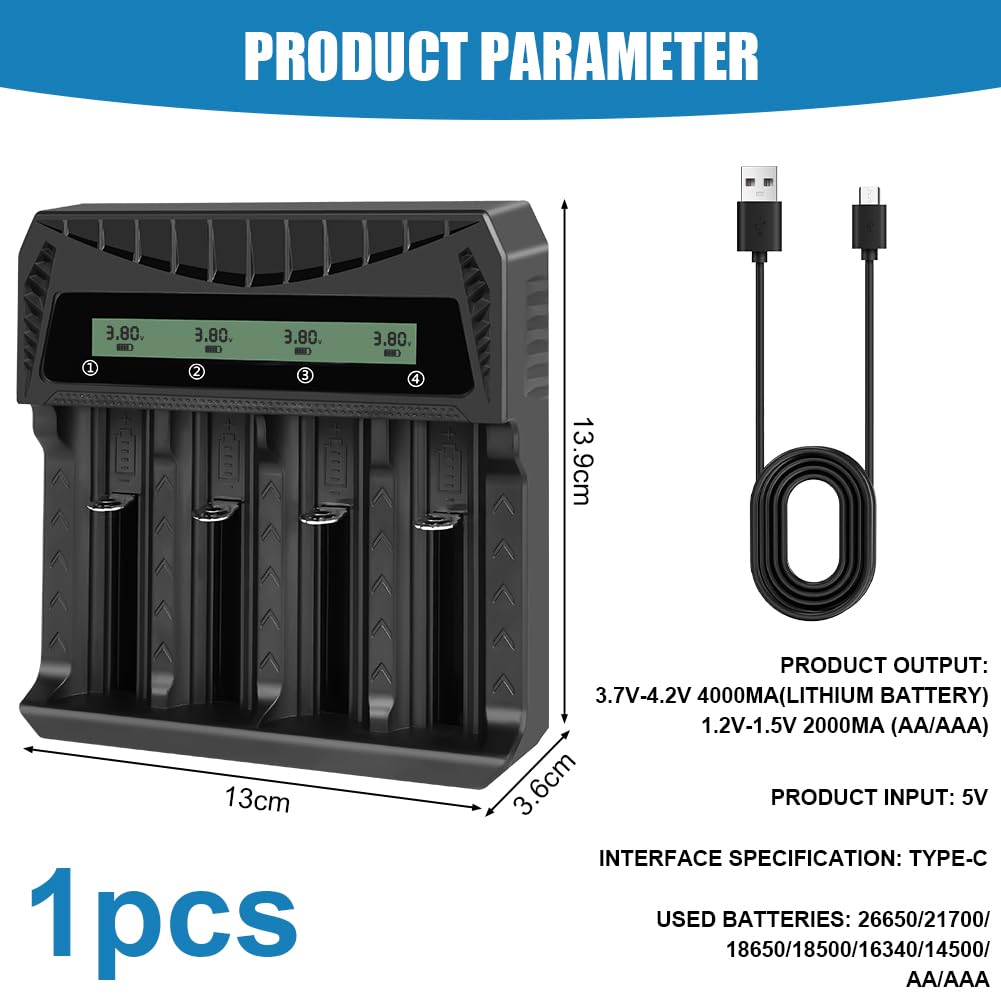 AXFEE Ładowarka akumulatorów 18650, uniwersalna szybka ładowarka do akumulatorów 18650 z wyświetlaczem LCD, 4-gniazdowa ładowarka USB-C do akumulatora, odpowiednia do 21700 26650 16340 18500 14500
